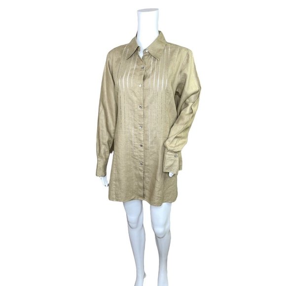 Valerie Stevens Brown Linen Long Sleeve Button Front Tunic Top Size Medium - Picture 2 of 9